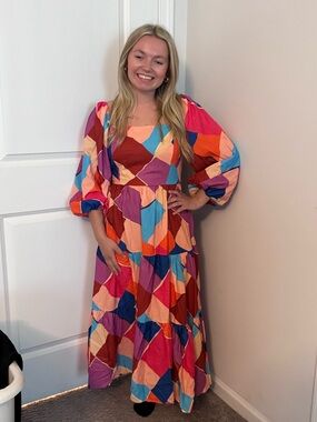 Flying Tomato Geometric Multi-Color Puff Sleeve Maxi Dress